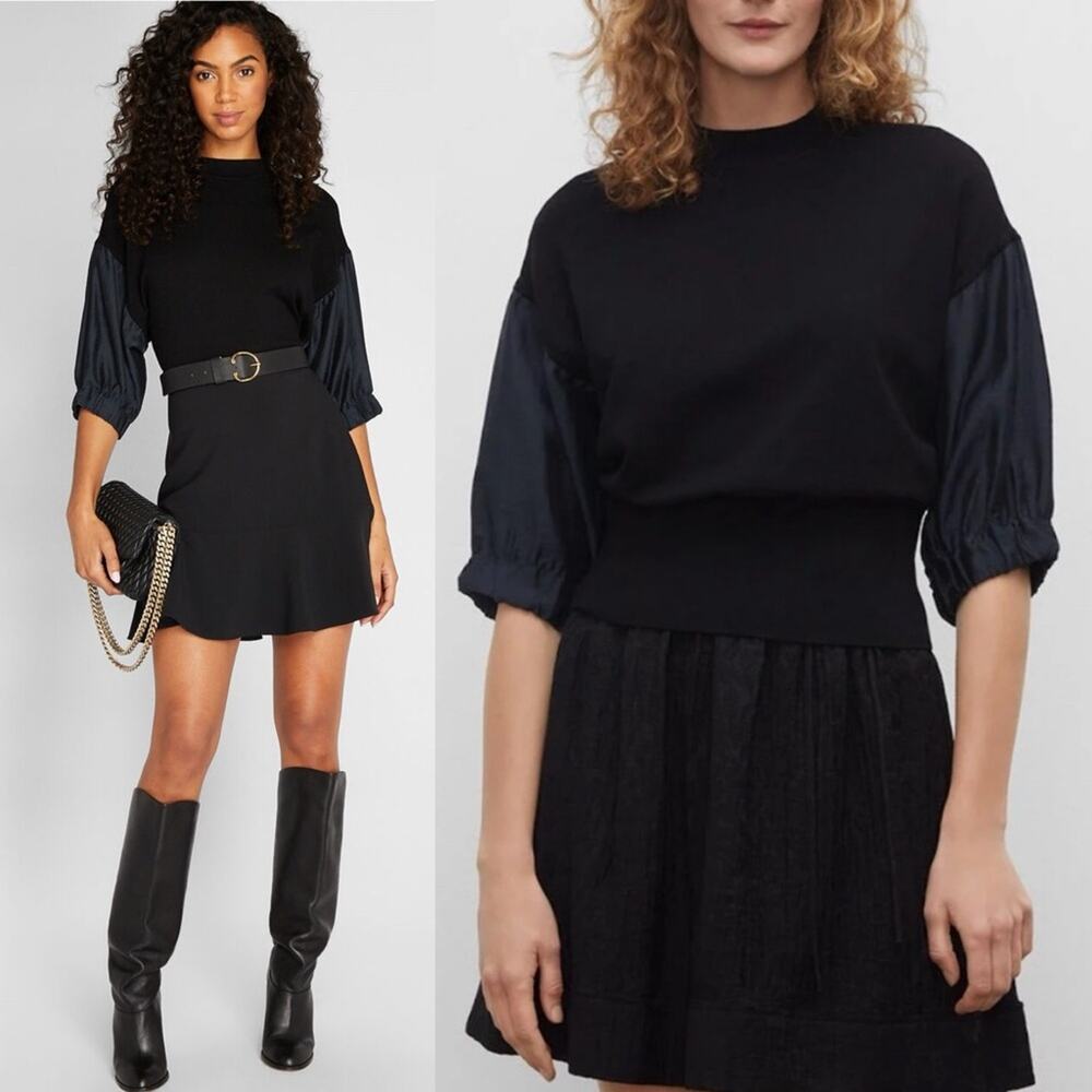 Club Monaco Black Mock Neck Dressy Sweater Satin Puff Sleeves Small $169